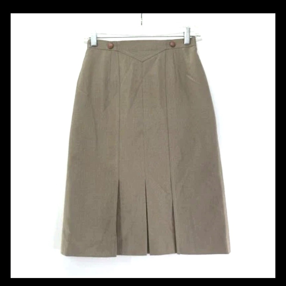 Vintage 70s Pleated Skirt 2 Dark Khaki Brown Mod MCM Maisel Madmen Twee Academia